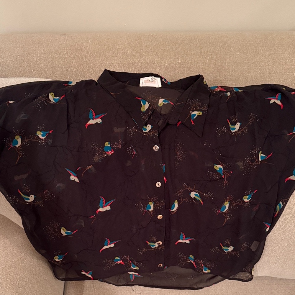 d.R.A Black Sheer Blouse with Bird Print